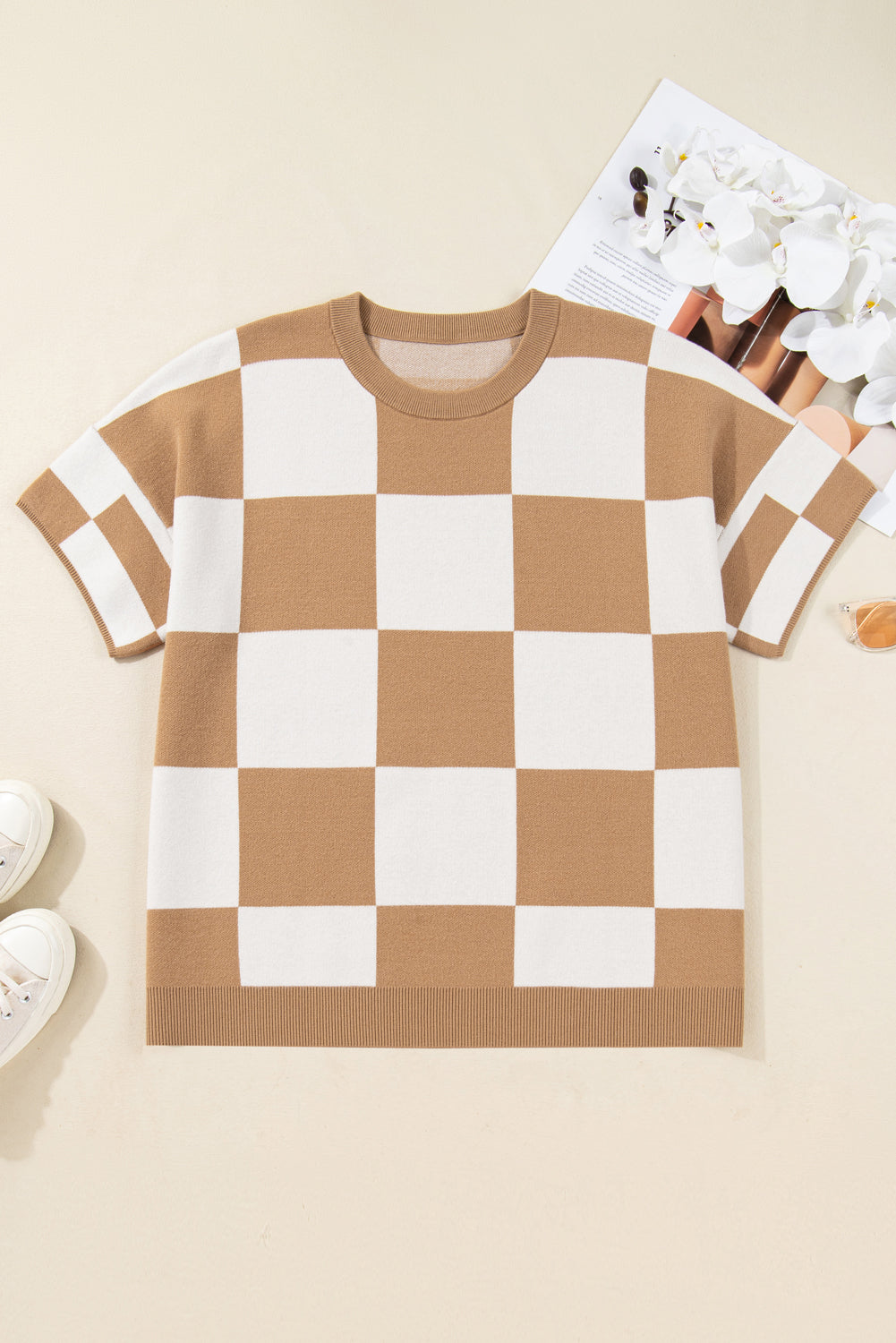 French Beige Plus Size Checkered Knit Short Sleeve Sweater Dear-Lover Dropshipping